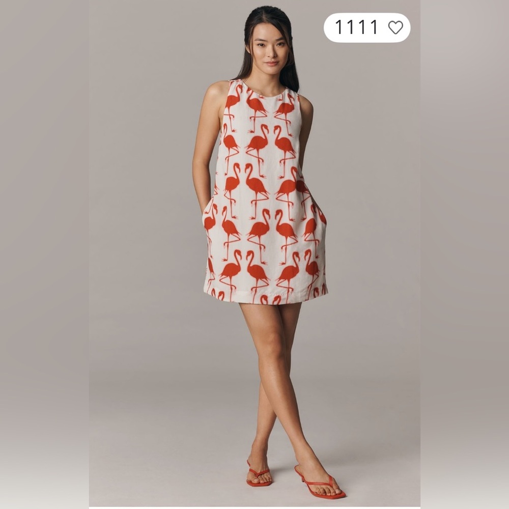 Anthropologie White  Dress with Coral Flamingo Print